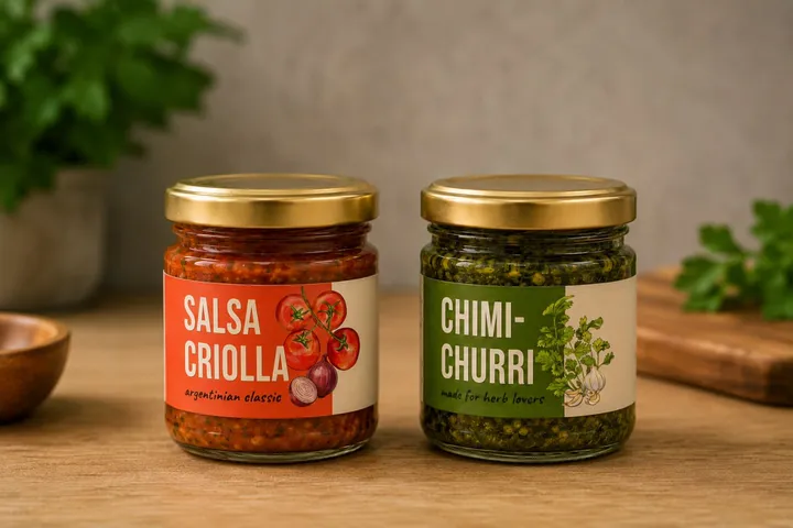 Jars of salsa criolla and chimichurri
